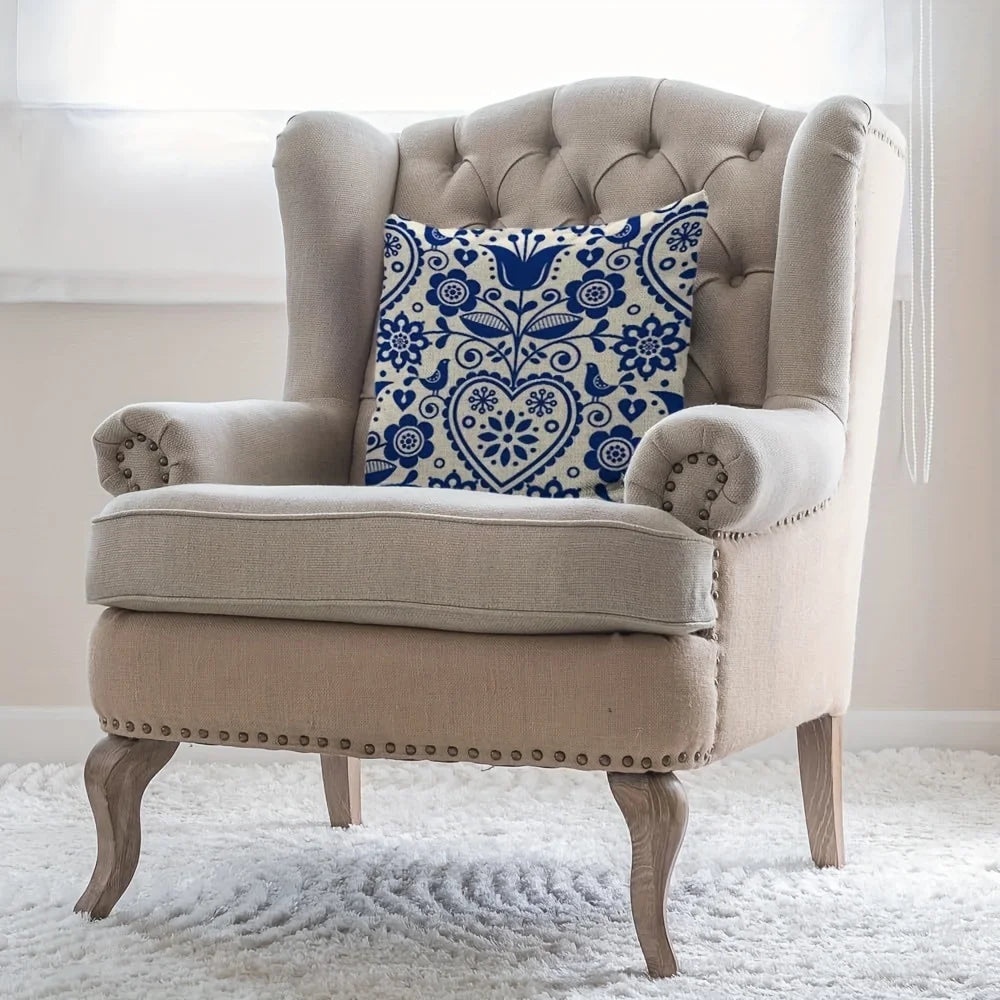 Nordic Blue Folk Art Cotton/Polyester Cushion Cover - Various Sizes