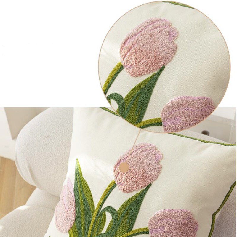 Beautiful Embroidered & Tufted Tulip Cushion Covers - Pink