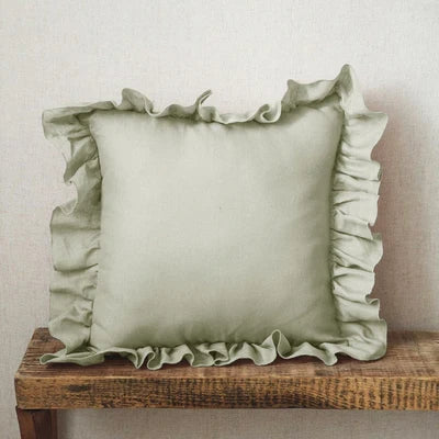 Light green 100% Pure Linen Ruffle Cushion Cover