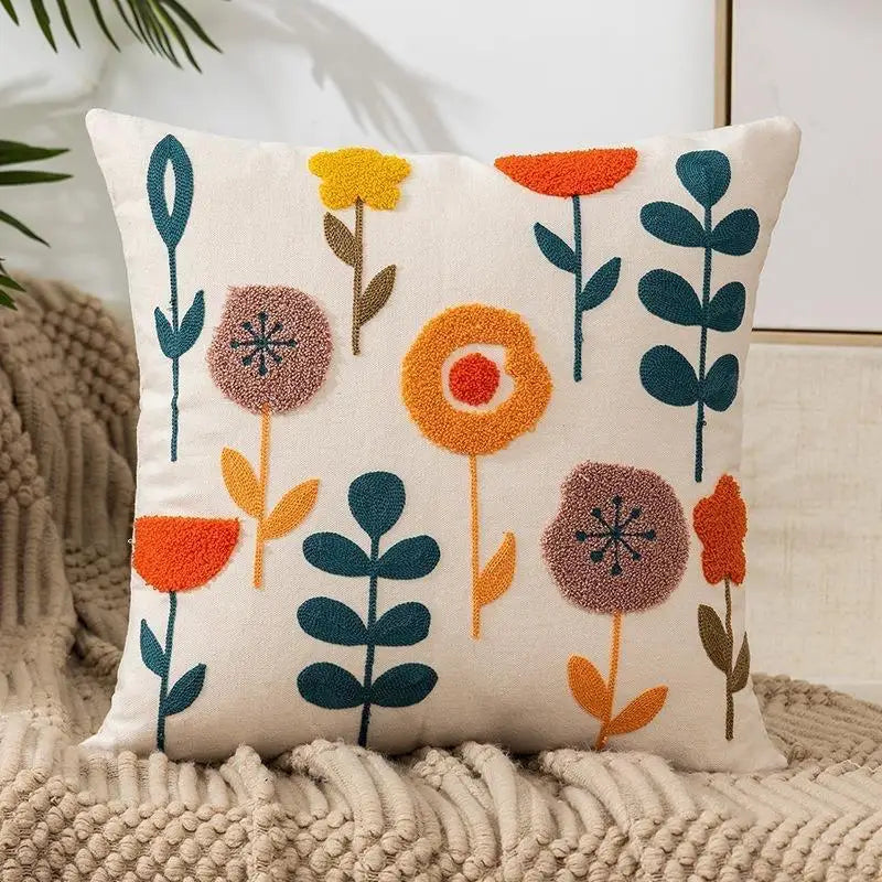 Tufted & Embroidered Floral Cushion Covers on Off-White Cotton/Linen 18inx18in
