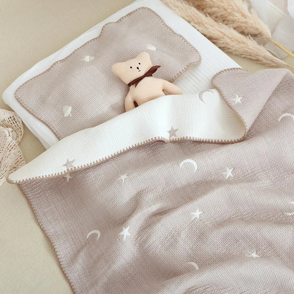 Beige Cute Personalized Baby Name Cotton Blankets with Star and Moon Patterns