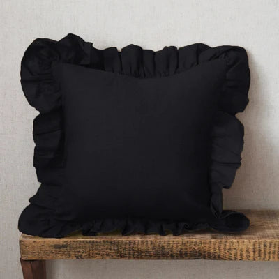 Black 100% Pure Linen Ruffle Cushion Cover