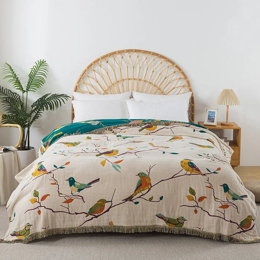 Cream Cotton Bedspread / Sofa Throw With Colourful Birds - Single & Kingsize