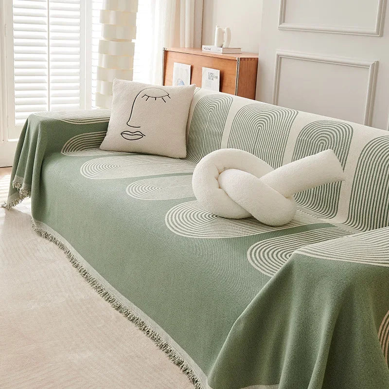 green and cream Nordic Geometric Striped Sofa Throws With Tassels