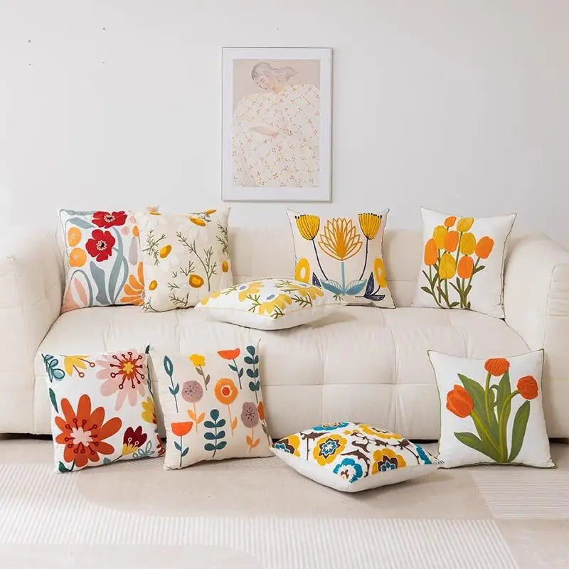 Tufted & Embroidered Floral Cushion Covers on Off-White Cotton/Linen 18inx18in