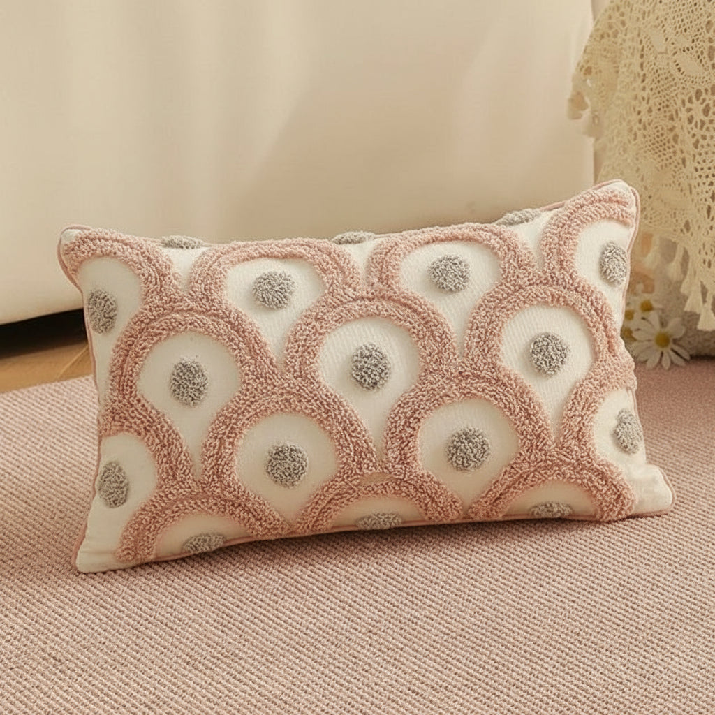 Embroidered Cushion Covers with Peacock Design in Pink & Beige/Grey