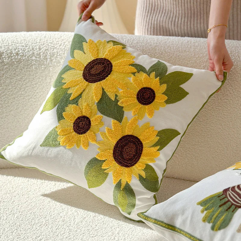 Tufted & Embroidered Floral Cushion Covers on Off-White Cotton/Linen 18inx18in