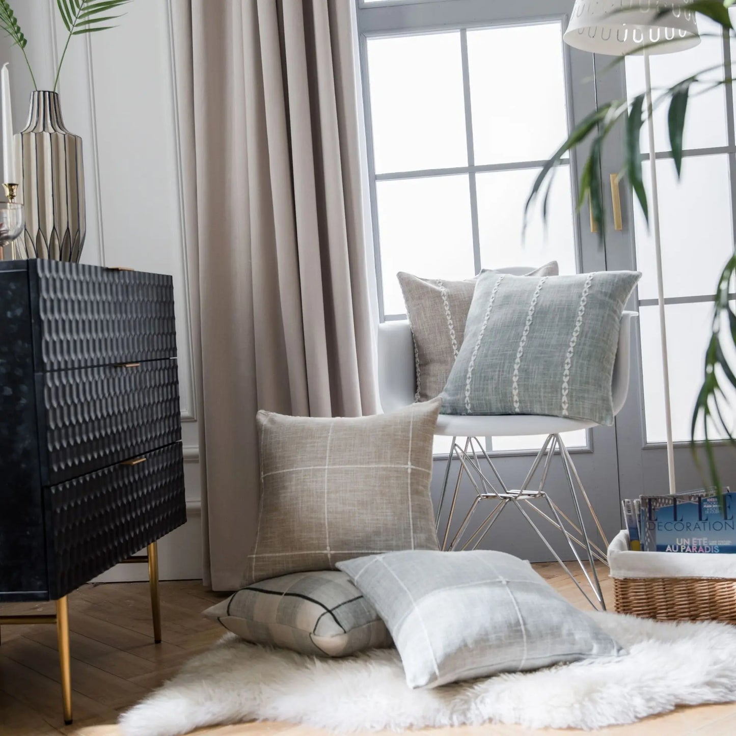 Chic Plaid Style Cushion Covers with Embroidery Stripes & Squares