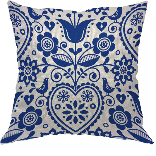 Nordic Blue Folk Art Cotton/Polyester Cushion Cover - Various Sizes
