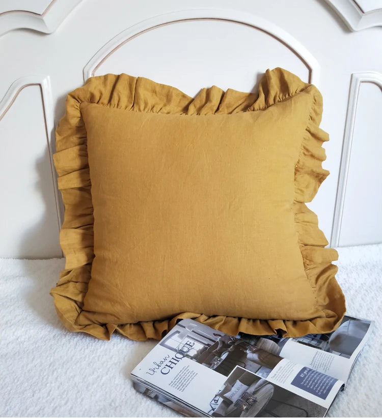 Yellow 100% Pure Linen Ruffle Cushion Cover