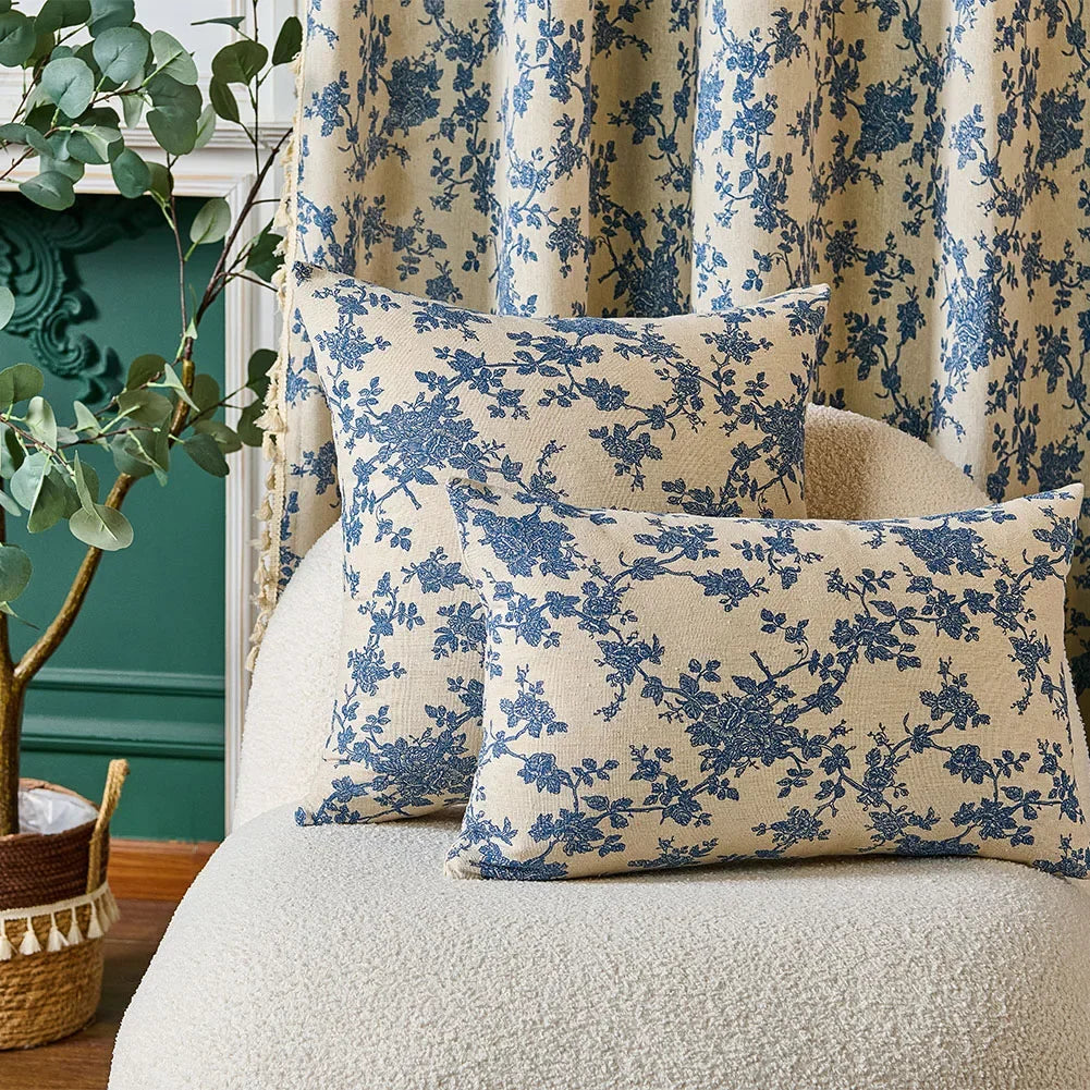 Chinoiserie Print on Off-White and Blue Floral Cushion Cover - Different Sizes