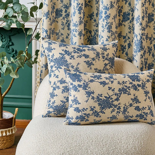 Chinoiserie Print on Off-White and Blue Floral Cushion Cover - Different Sizes