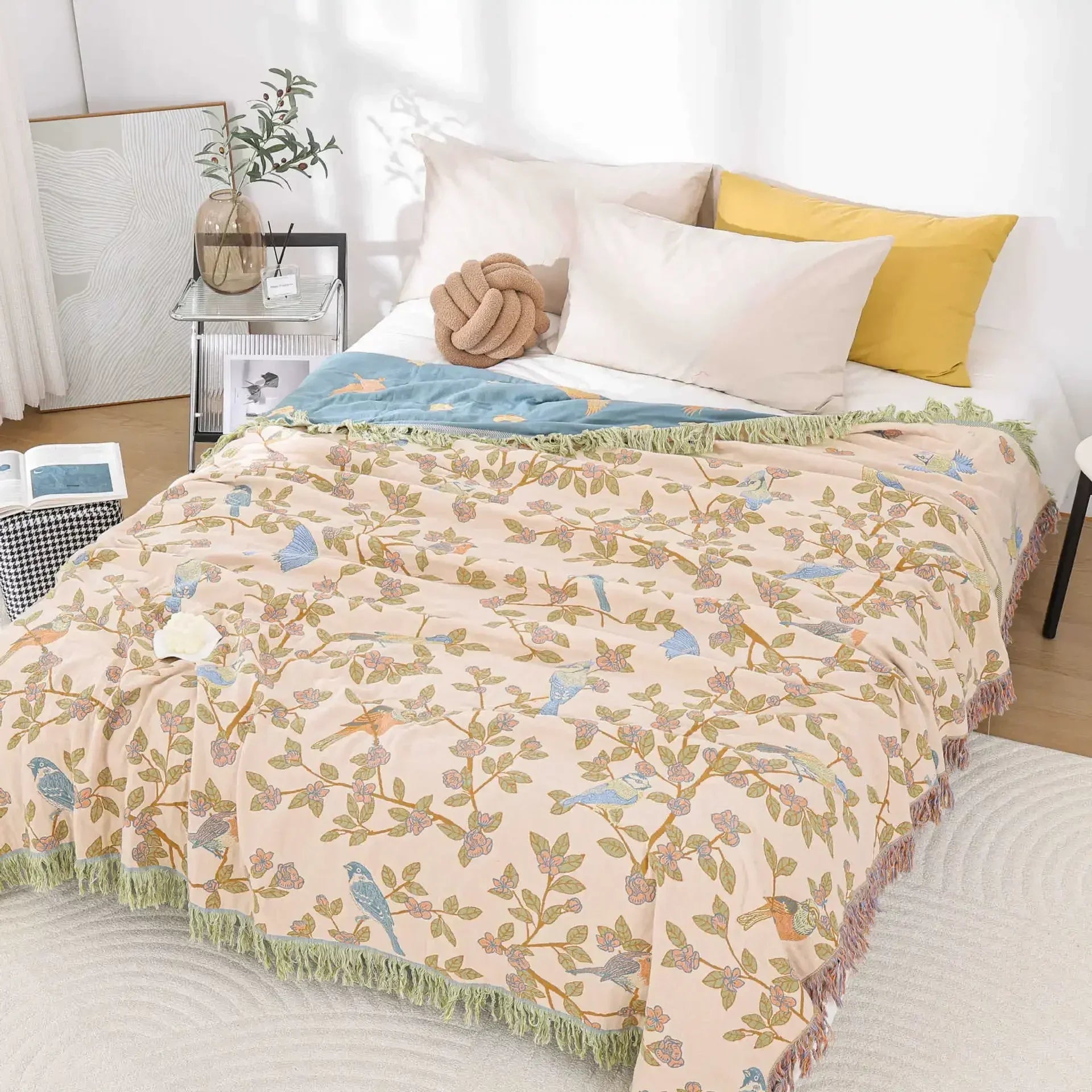 Boho 100% Cotton Bedspreads with Trees and Birds in Pastel Colours