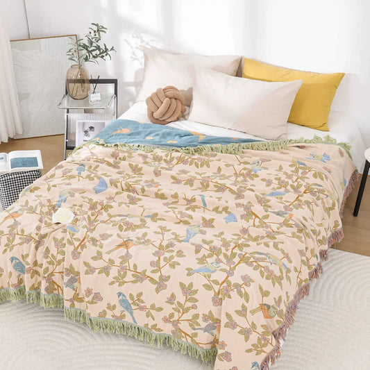 Boho 100% Cotton Bedspreads with Trees and Birds in Pastel Colours