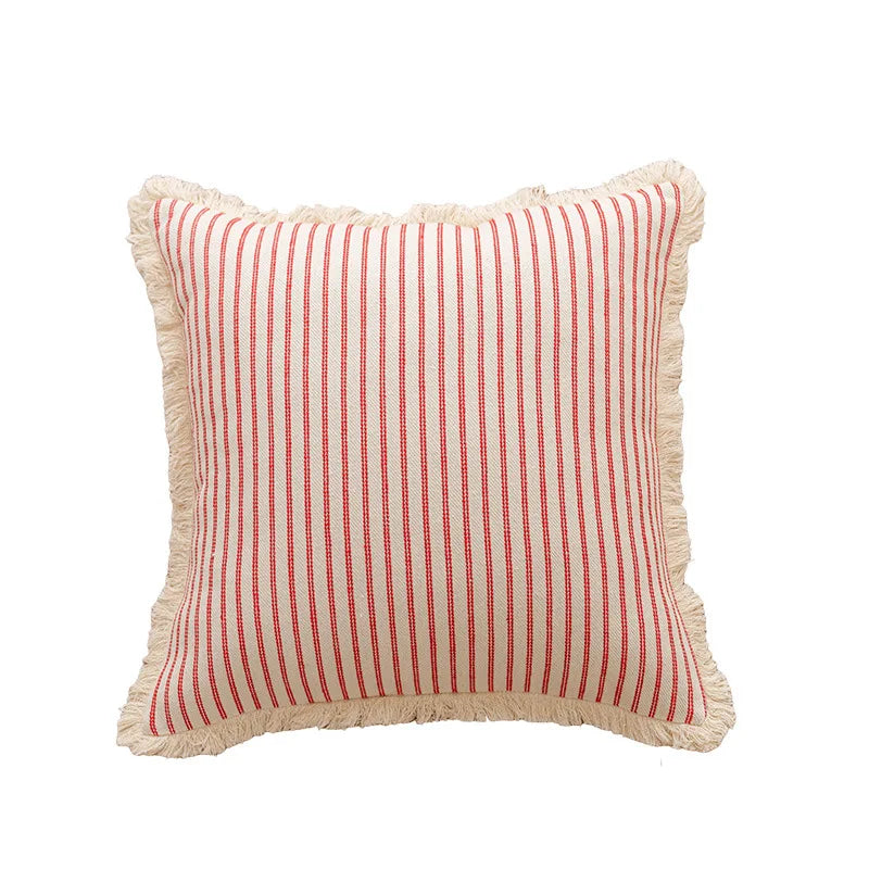 Red Cream Nordic Vintage Striped Jacquard Tassel Cushion Covers