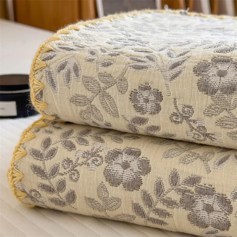 Cotton jacquard cream grey and yellow Floral Bedspread / Sofa Throw With Embroidered Edges