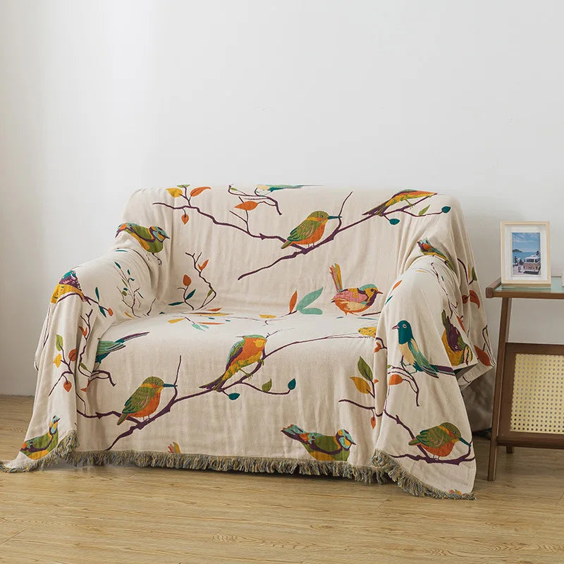 Cream Cotton Bedspread / Sofa Throw With Colourful Birds - Single & Kingsize
