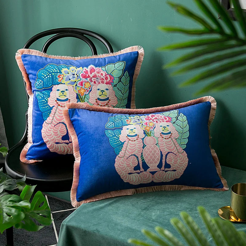 Premium Retro Animal Velvet Cushion Covers with Tassles  Striped  dogs