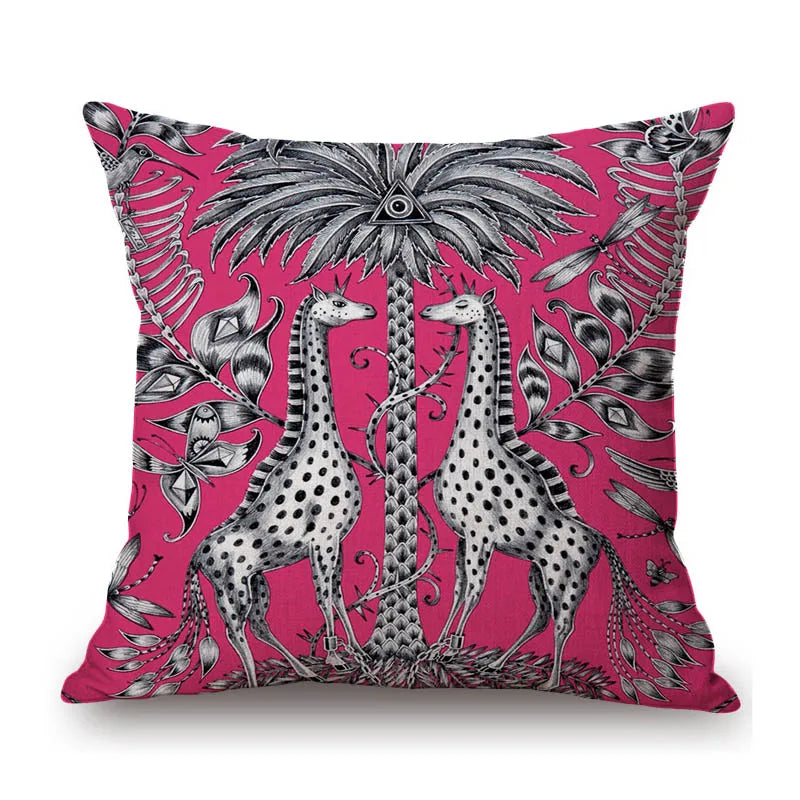 Cerise Arty Giraffes Cushion Covers on Bright Fabric