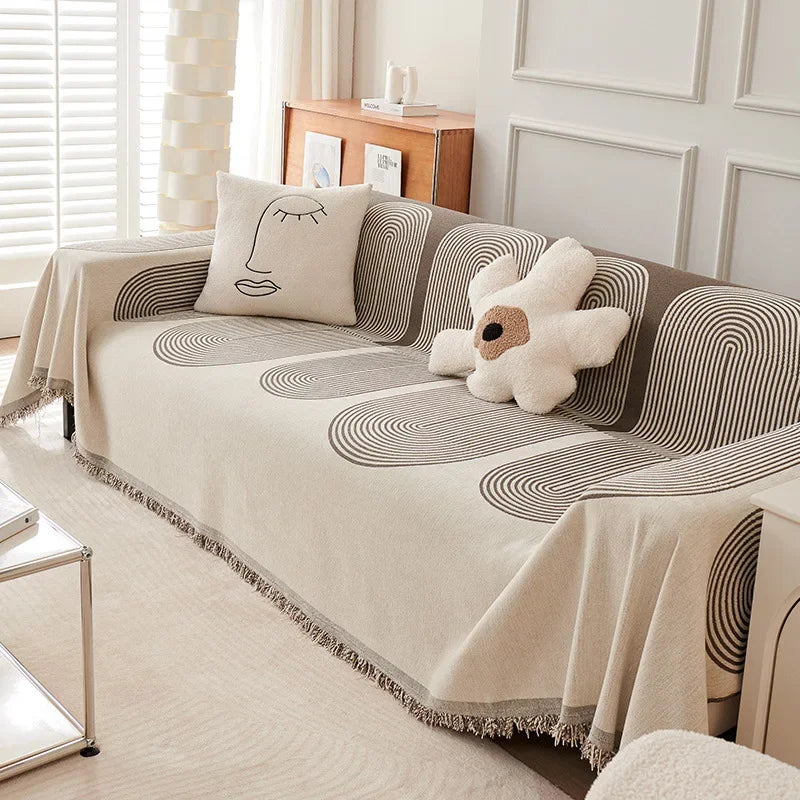 brown and cream Nordic Geometric Striped Sofa Throws With Tassels