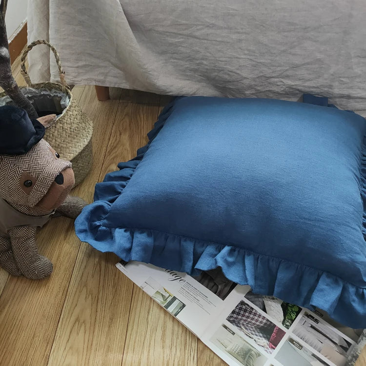 Blue 100% Pure Linen Ruffle Cushion Cover