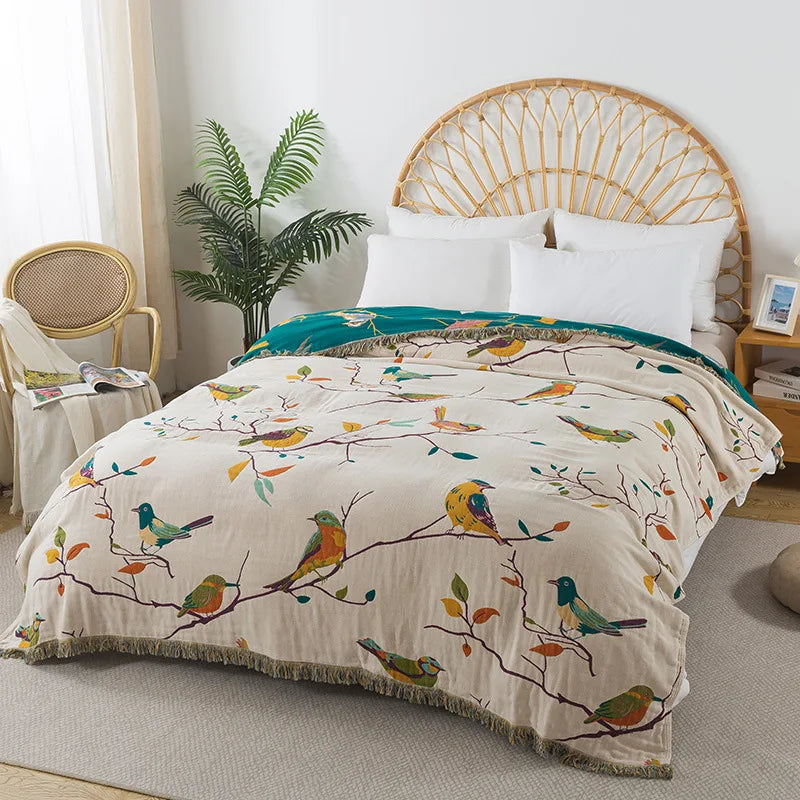 Cream Cotton Bedspread / Sofa Throw With Colourful Birds - Single & Kingsize
