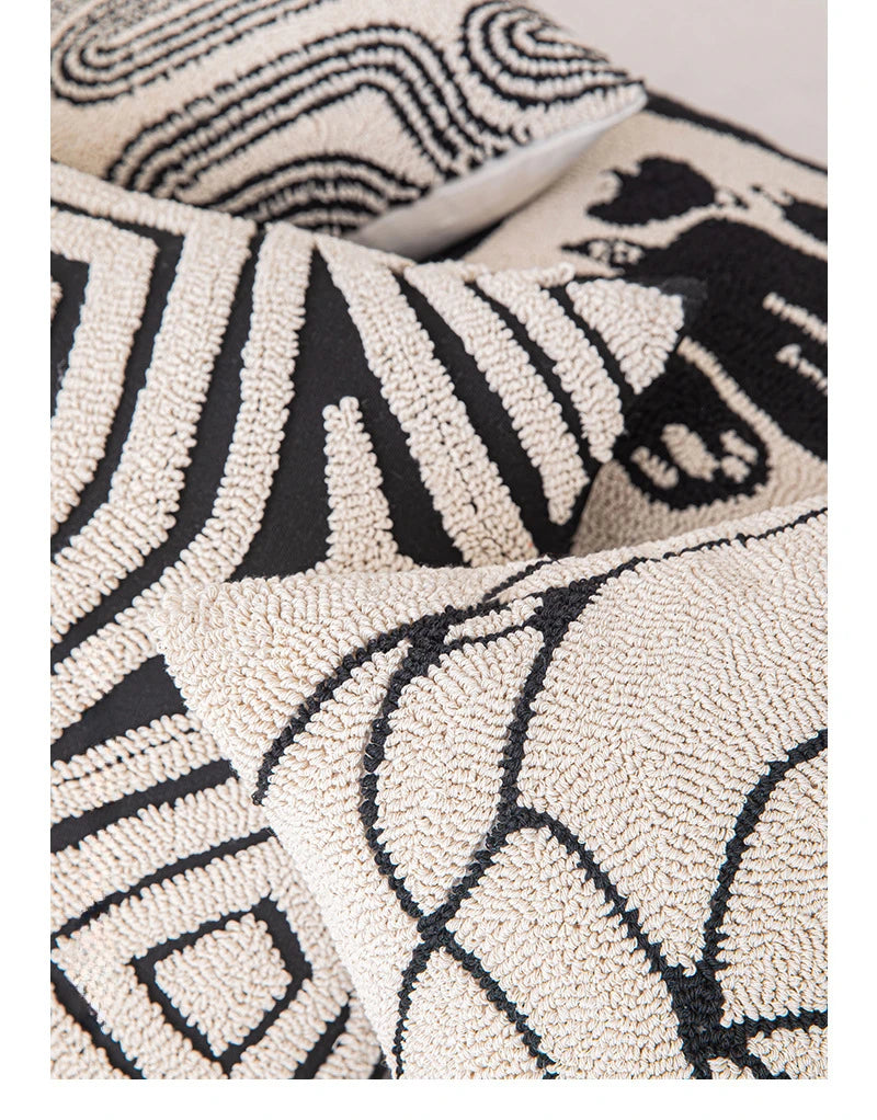 Abstract Art Embroidered Cotton Cushion Covers in Black & Off-White