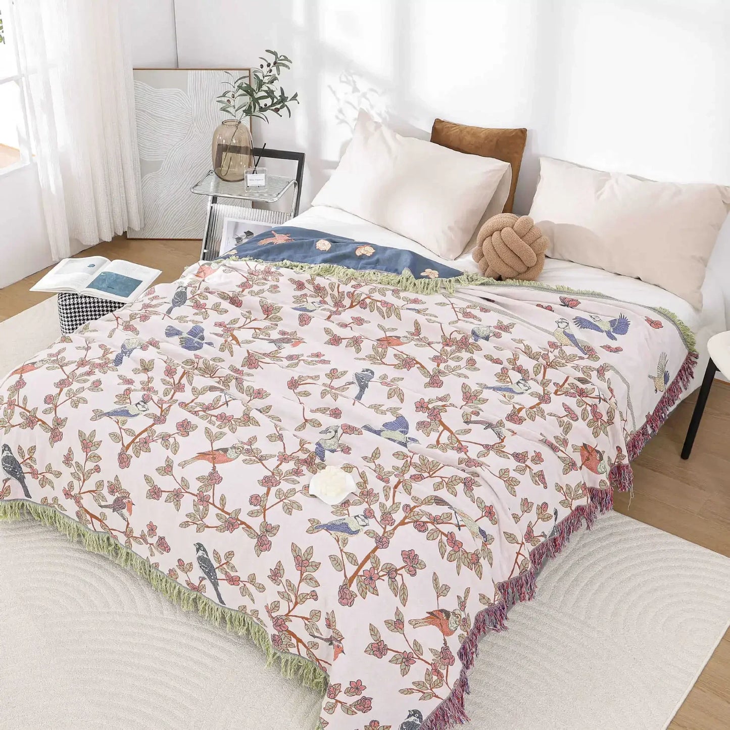 Boho 100% Cotton Bedspreads with Trees and Birds in Pastel Colours