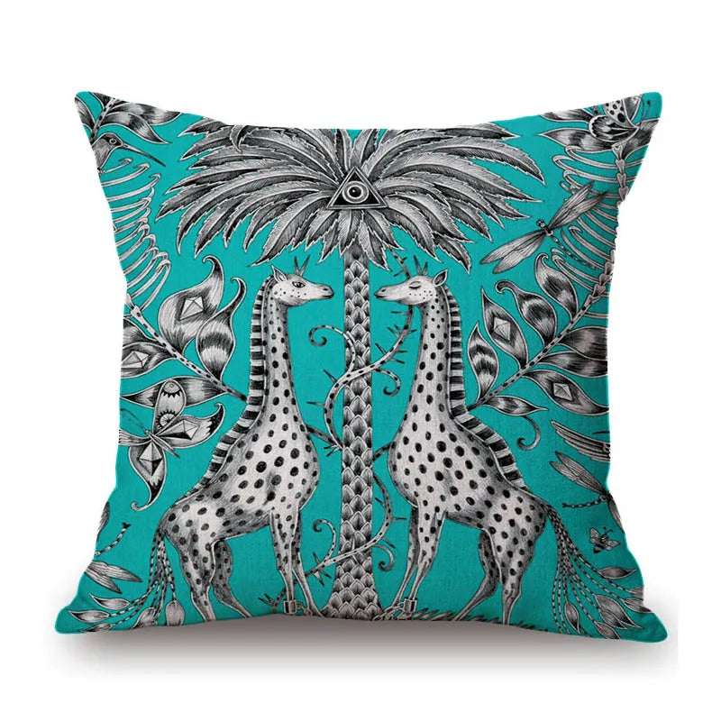 Turquoise Arty Giraffes Cushion Covers on Bright Fabric