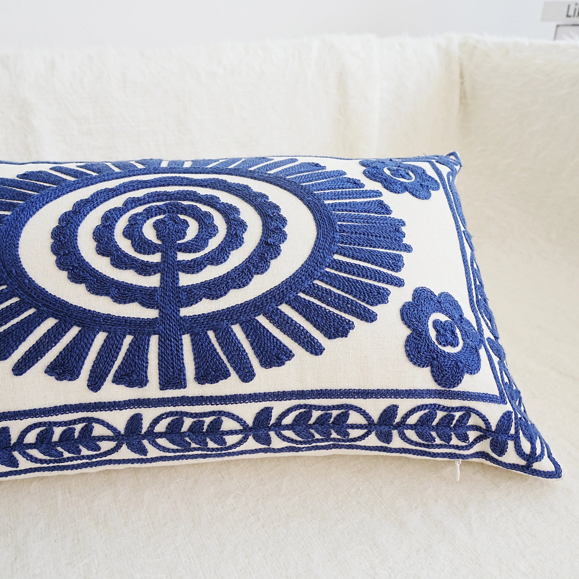 Cream & Navy Geometric Circle Embroidered Cushion Covers - 3 Sizes