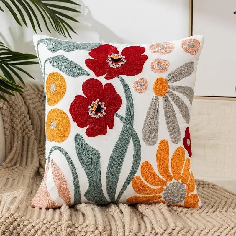 Tufted & Embroidered Floral Cushion Covers on Off-White Cotton/Linen 18inx18in
