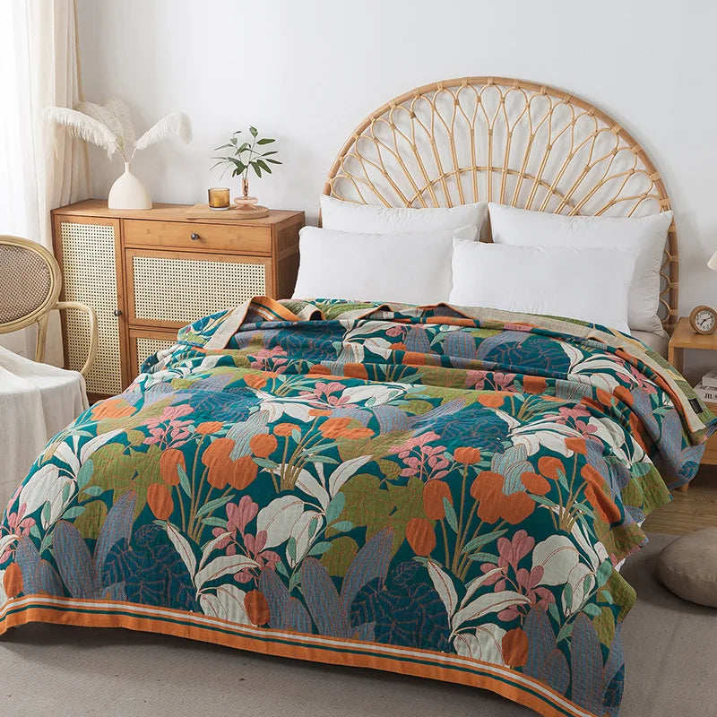 Blue and Green Cotton Bedspread / Sofa Throw With Orange Tulips - Single & Kingsize