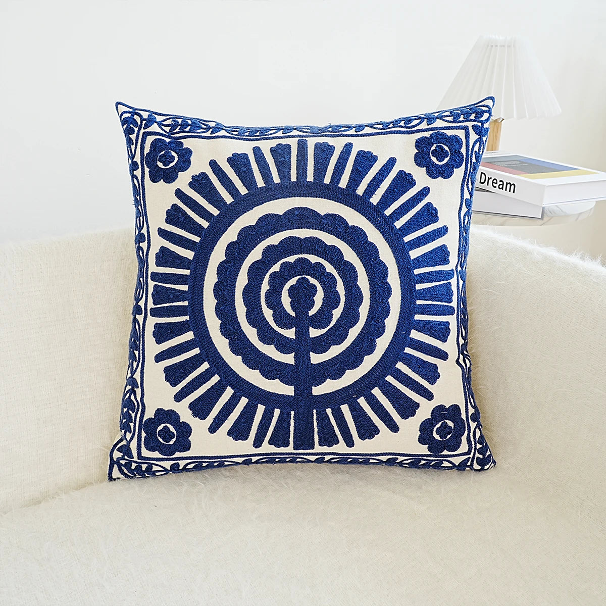 Cream & Navy Geometric Circle Embroidered Cushion Covers - 3 Sizes