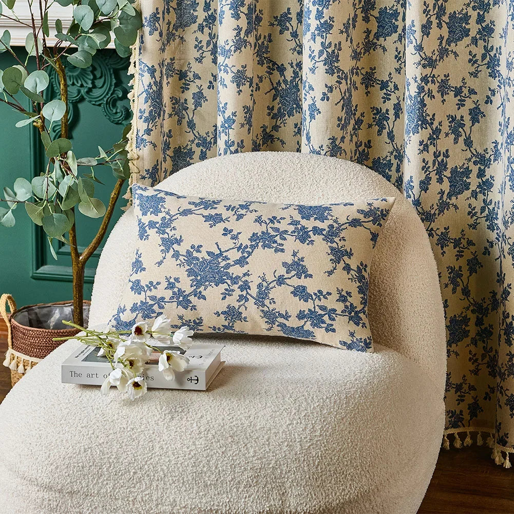 Chinoiserie Print on Off-White and Blue Floral Cushion Cover - Different Sizes