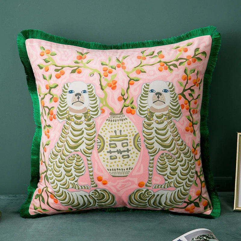 Premium Retro Animal Velvet Cushion Covers with Tassles Striped dogs