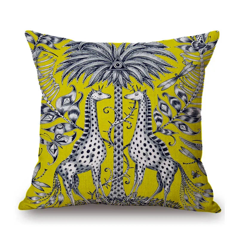 Yellow Arty Giraffes Cushion Covers on Bright Fabric