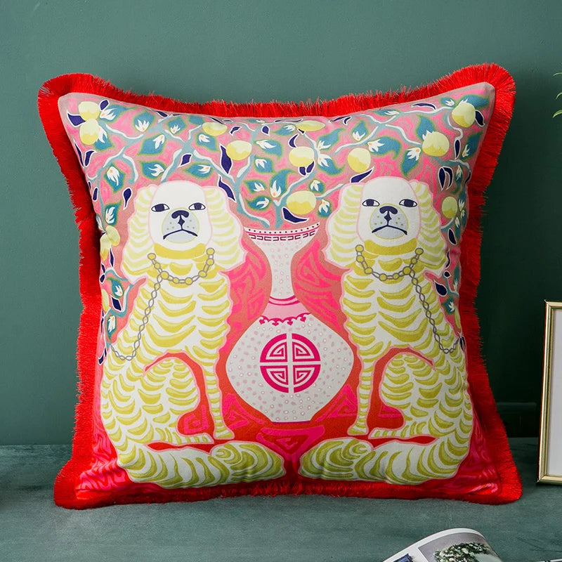 Premium Retro Animal Velvet Cushion Covers with Tassles  Striped  dogs