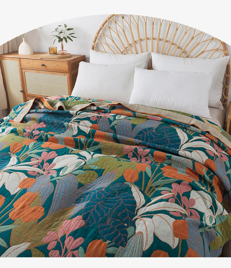 Blue and Green Cotton Bedspread / Sofa Throw With Orange Tulips - Single & Kingsize