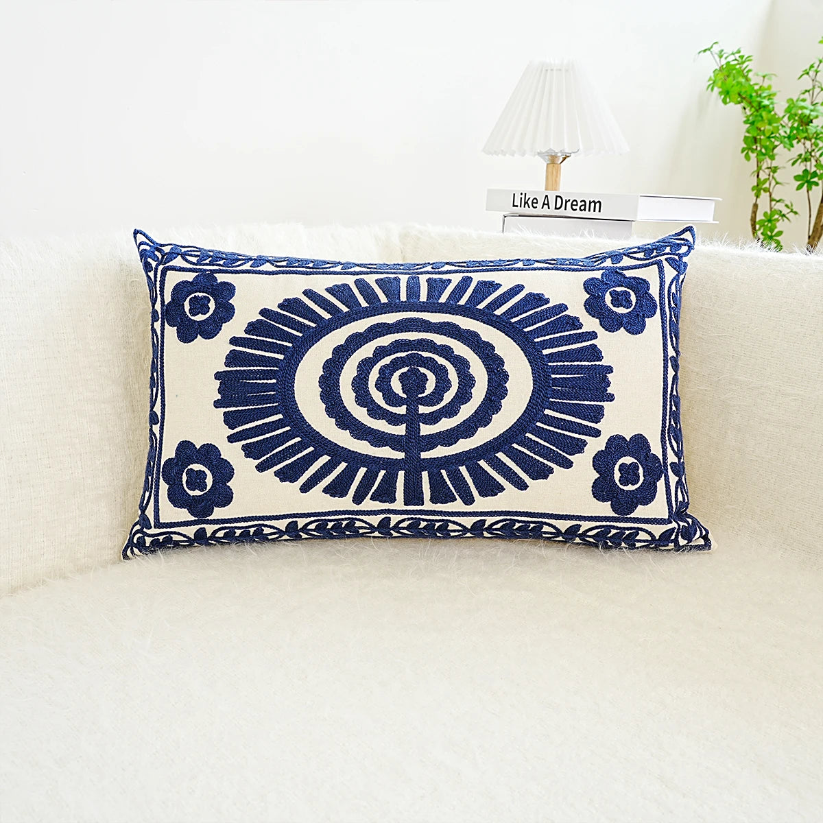Cream & Navy Geometric Circle Embroidered Cushion Covers - 3 Sizes