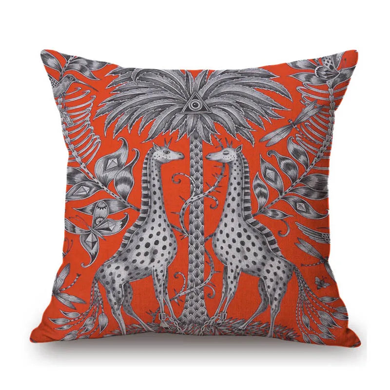 Orange Arty Giraffes Cushion Covers on Bright Fabric