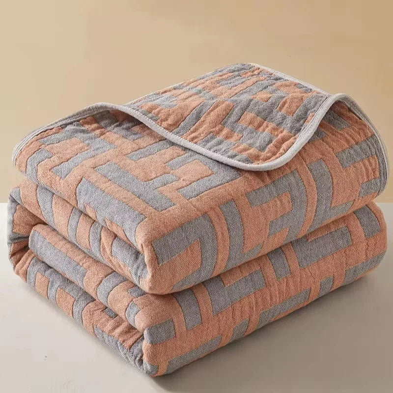 Cotton Bedspreads with Grey & Orange Geometric Maze Pattern