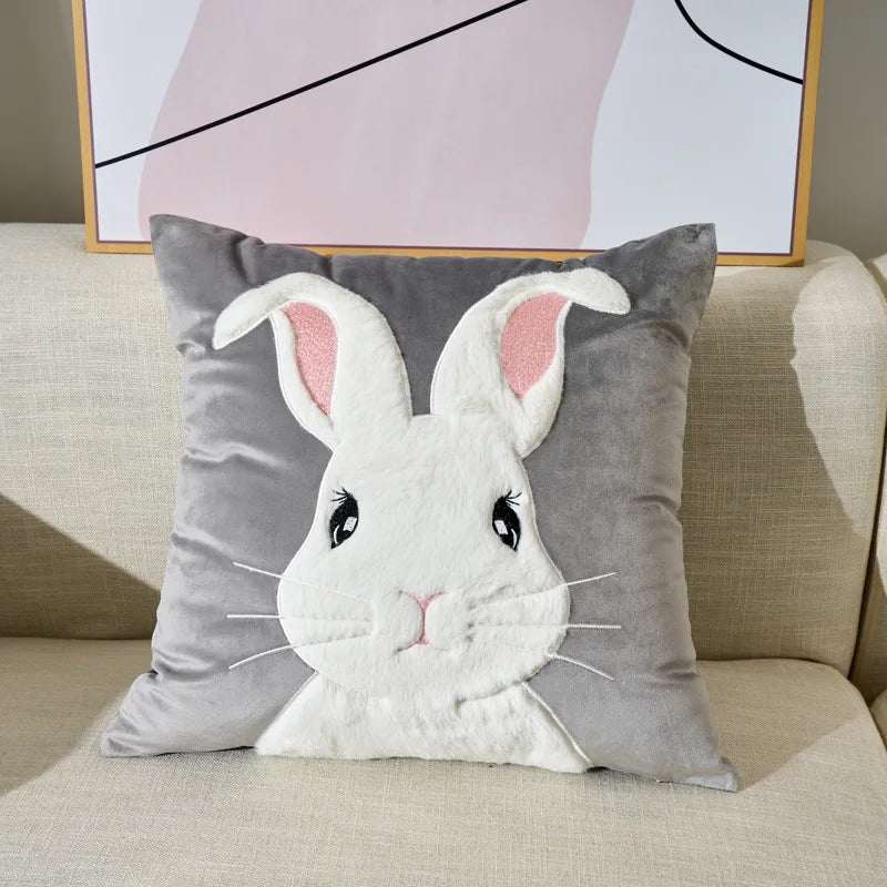 Grey Rabbit Cushion Covers on Velvet Material - 18in x 18in (45cm x 45cm)