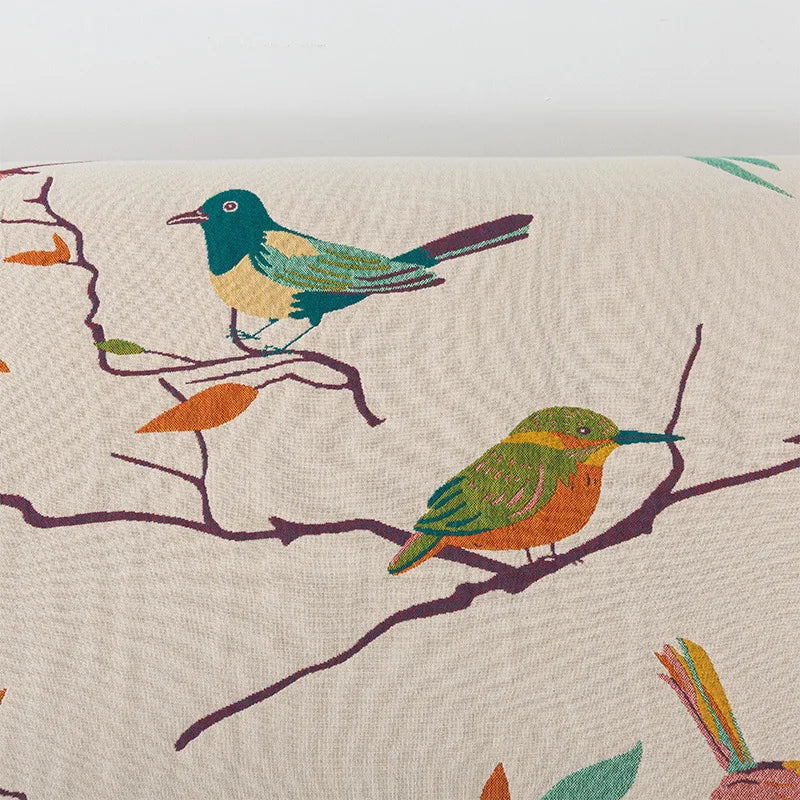 Cream Cotton Bedspread / Sofa Throw With Colourful Birds - Single & Kingsize