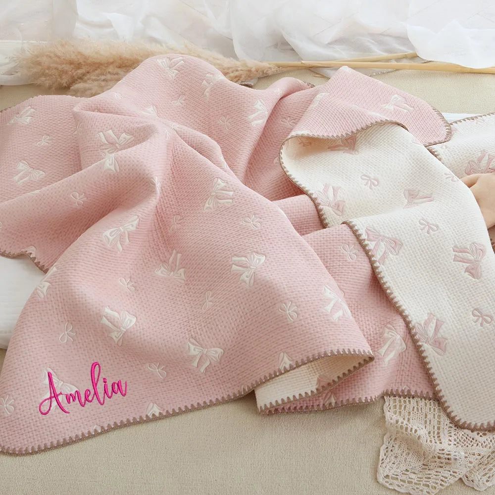 Pink Cute Personalized Baby Name Cotton Blankets with Bow Patterns