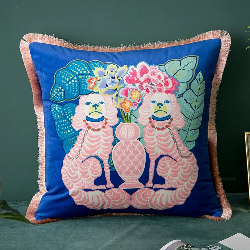 Premium Retro Animal Velvet Cushion Covers with Tassles Striped dogs