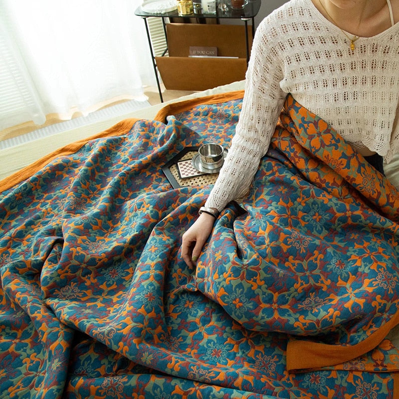 Blue and Orange Kingsize Nordic Ethnic Cotton Floral Bedspreads - 3 Designs & Sizes