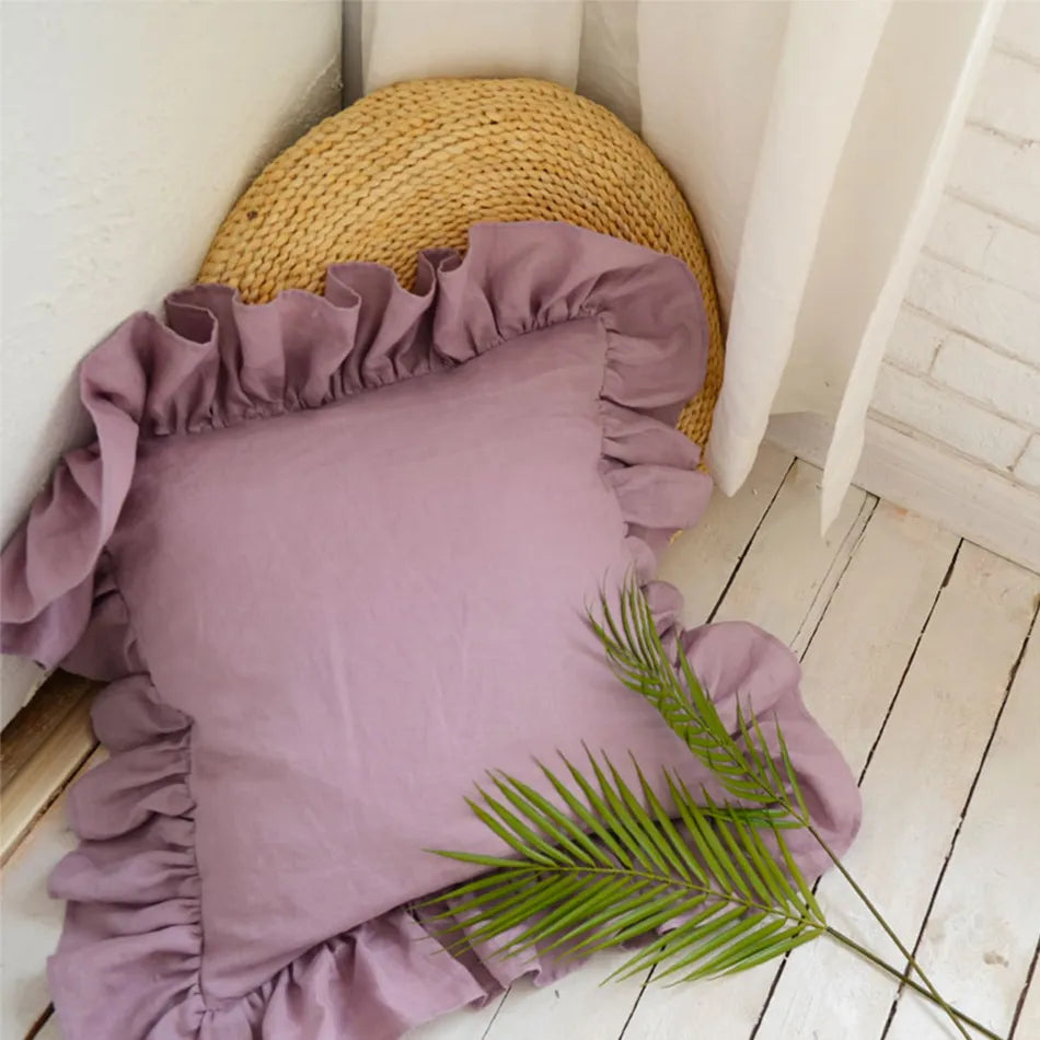 Purple 100% Pure Linen Ruffle Cushion Cover