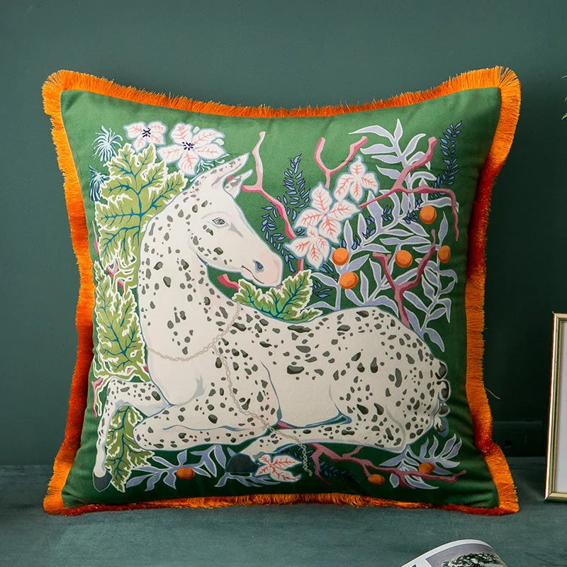 Premium Retro Animal Velvet Cushion Covers with Tassles Spotted horse