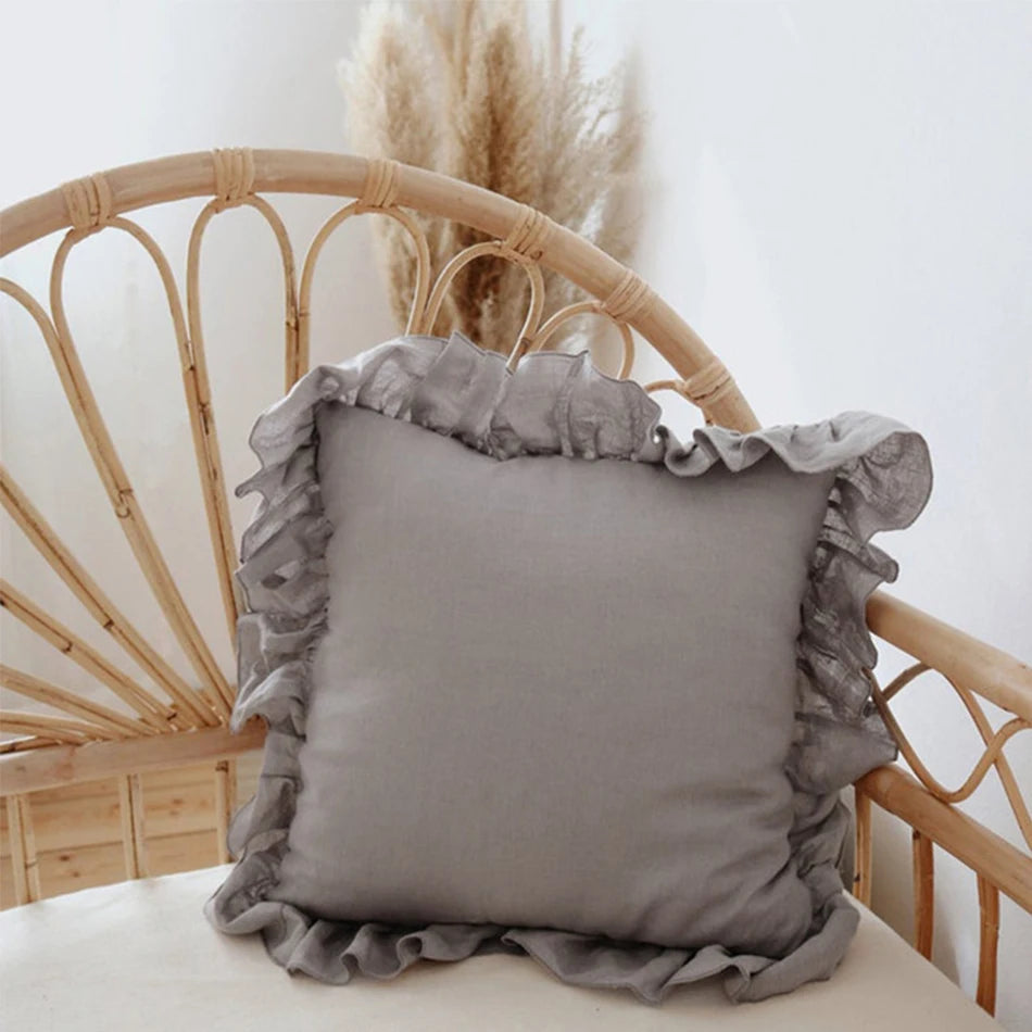Grey 100% Pure Linen Ruffle Cushion Cover