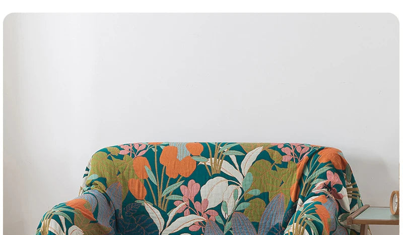 Blue and Green Cotton Bedspread / Sofa Throw With Orange Tulips - Single & Kingsize